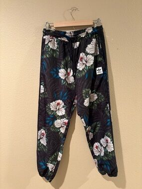 adidas Women's Floral Track Pants Black White Green Blue Size M Elastic Waist